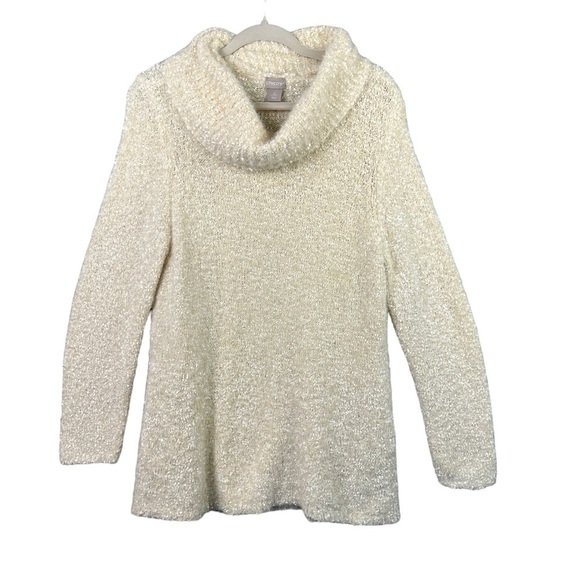 Chico's Cowl Pullover Sweater Cream with Gold Metallic Threading Size Large - Picture 1 of 8